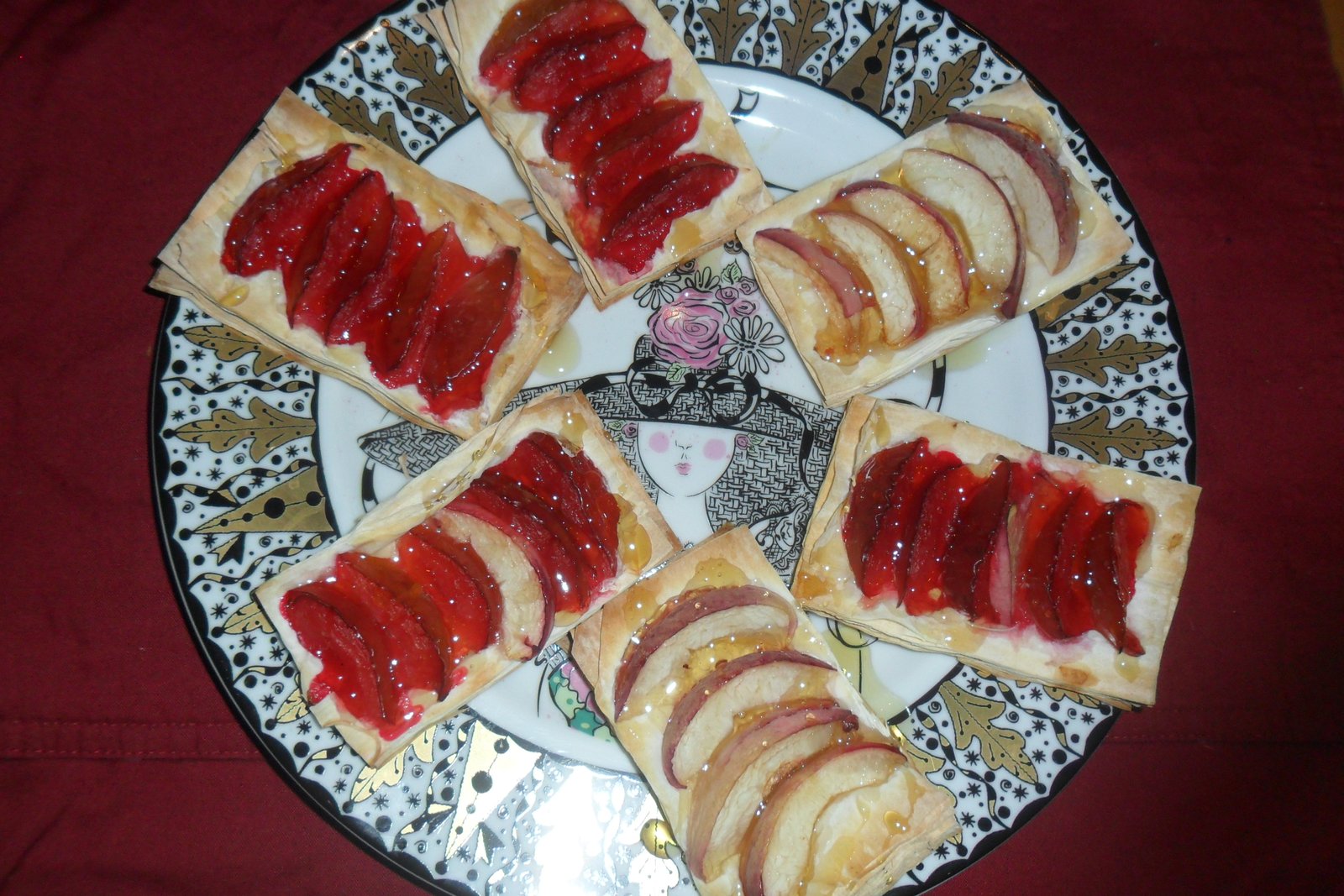 Baked fruit tarts arranged on fancy plate