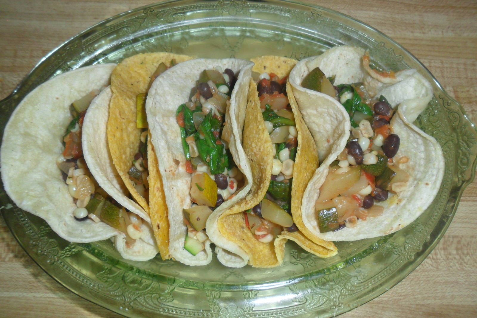 Serving dish with vegetarian tacos