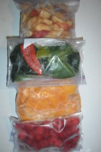 fruits and vegetables frozen in plastic zip bags