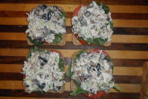 chicken salad on bread with tomato and lettuce