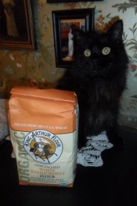 The most adorable black kitty cat in the world with a bag of flour.