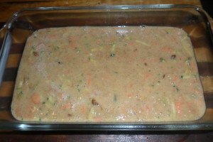 flecks of carrot, zucchini, and apple in bread batter