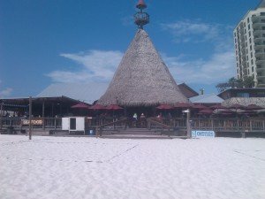 Tall, pointed, thatch-roof with a crow's nest on top