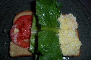 tomato, romaine, and egg salad sandwich