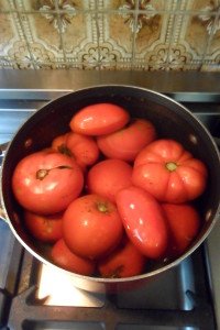 Tomatoes in boiling water to crack skin