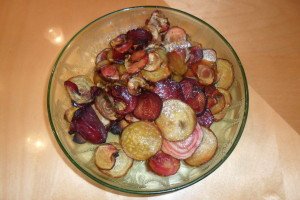 Baked beet chips in a bowl