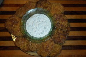 Perfect  fried green tomatoes with dip in the center