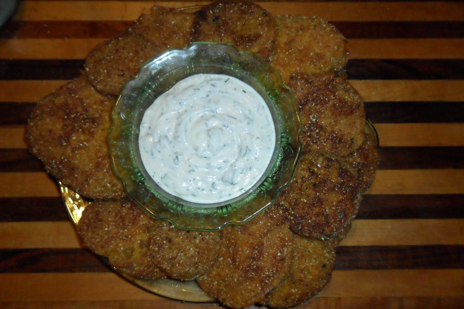 Perfect fried green tomatoes with dip in the center