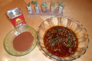 Rub and vinaigrette in process in cactus garden background