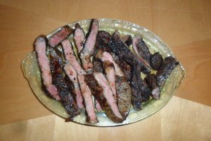 Sliced rib eye steak after grilling