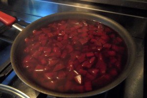 Chopped beets cooking in water