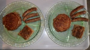 Two plates arranged with breakfast