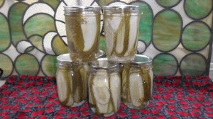 Five jars of pickles in front of stained glass