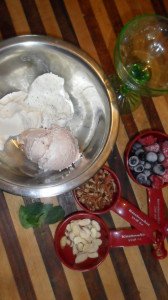 Ice cream in mixing bowl with other measured ingredients