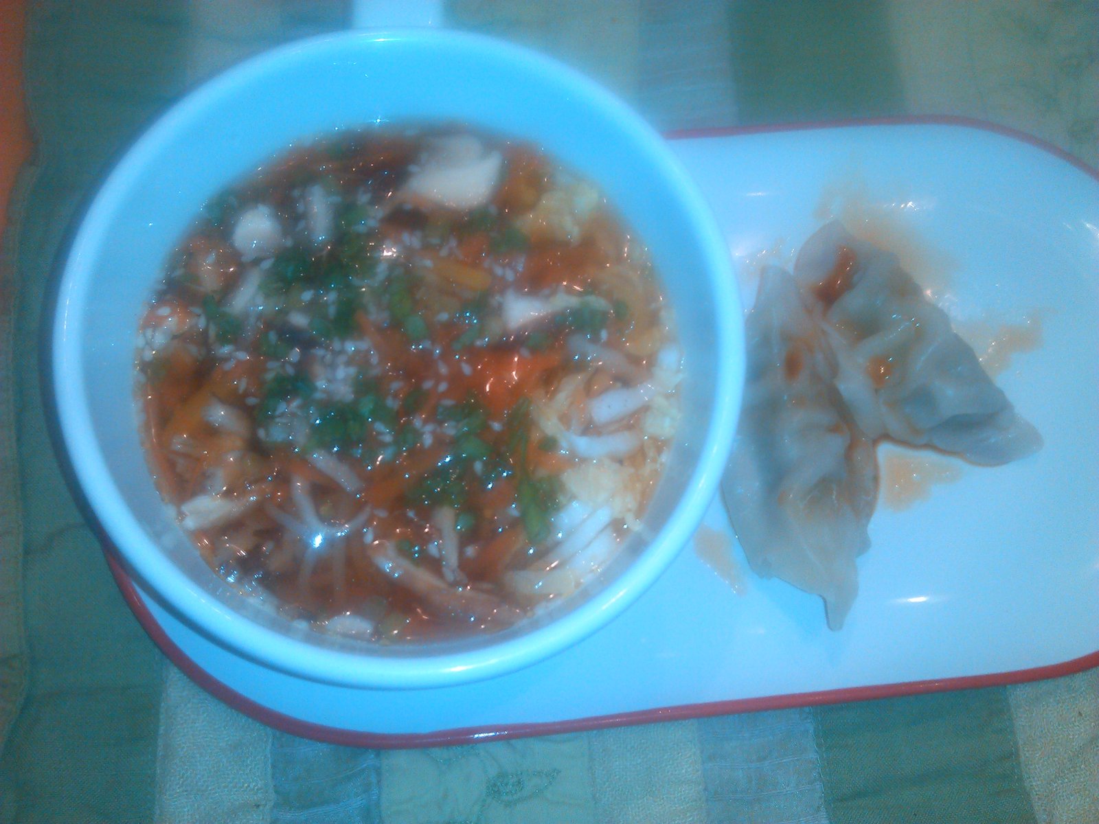 Japanese noodle soup with pot stickers on the side