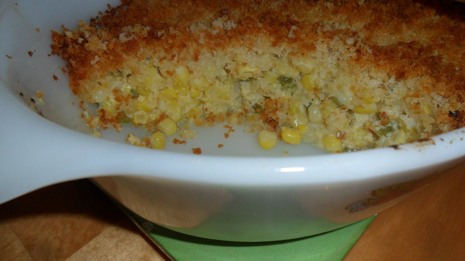 Inside view of the baked scalloped corn casserole