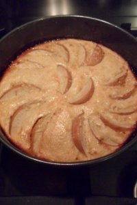 Flat and hard looking pear dessert
