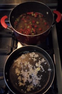 onions cooking while chard stems boil