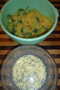 The liquid mixture in one bowl, squash and brocolli in another.