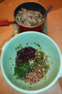 Bowl of colorful ingredients in bowl and pot of quinoa and broccoli raab