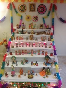 Dussehra Golu stair arrangement of dolls.