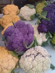 Five different colors of cauliflower.