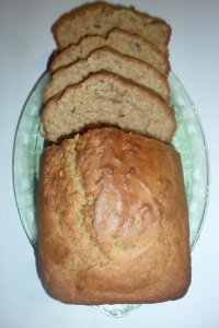 Banana bread on serving tray.