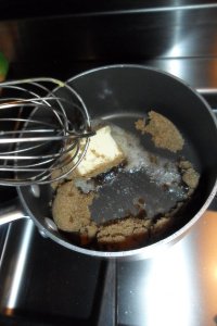 Whisking the sticky part on the stove.