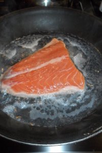 raw salmon starting to poach