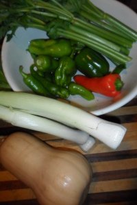 Large bowl of peppers and celery with leeks and squash