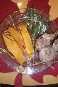 Dinner plate with squash as main entree, beans and lamb on the side