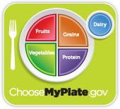 plate divided in quarters: fruits, vegetabes, grains, protein, with a side of dairy