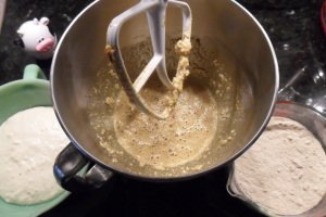 Mixing the dough ingredients.