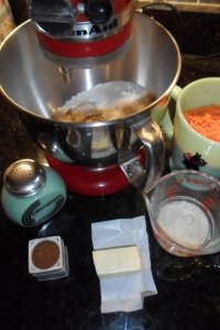 Ingredients prepared and starting to mix cake.