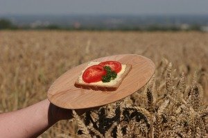 Butter on bread with tomato slices.