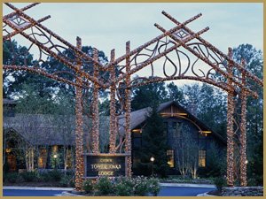 Lodge front with timber archways covered in white lights.