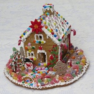 Decorated gingerbread house and yard.