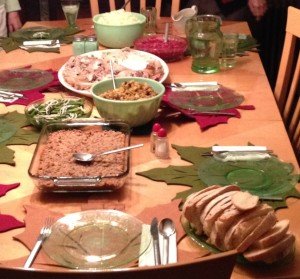 Table set for a large family meal.