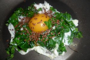 Egg, spinach, and flax seed.