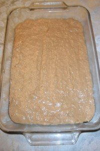 Batter spread in baking dish.