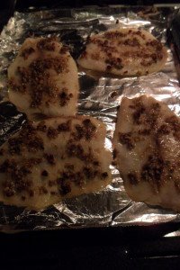 Broiled fish on pan.