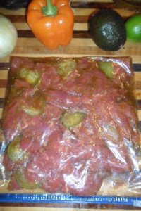 Meat and marinade in zip bag.