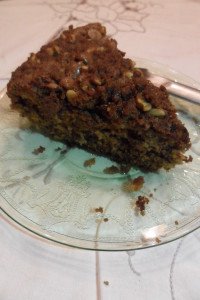 Serving banana coffee cake on antique linen cloth.