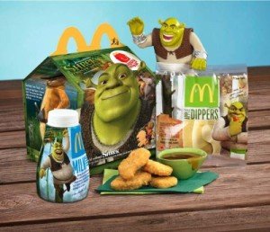 Shrek toys and ads on kids meal.