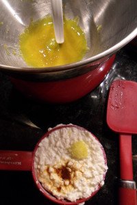 Mixing cheese filling ingredients.