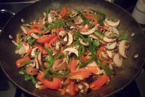 Vegetables in wok.