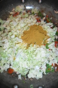 Adding napa cabbage and curry.