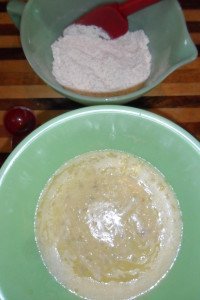 Wet and dry ingredients in separate bowls.