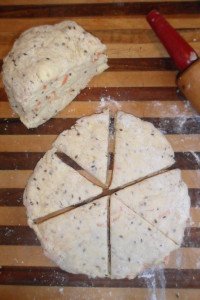 Cutting the dough in pie shapes.