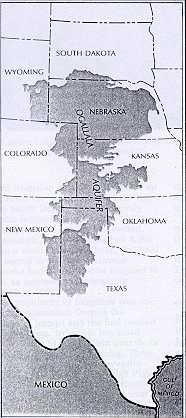 Map showing Ogallala over area of U.S.